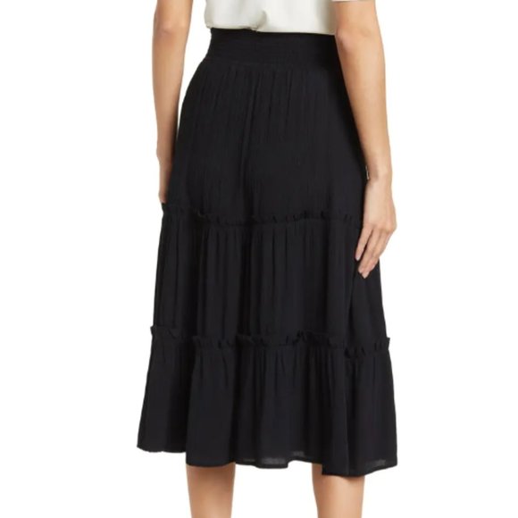 CeCe Smocked Waist Tiered High/Low Midi Skirt Black Large - Picture 2 of 9